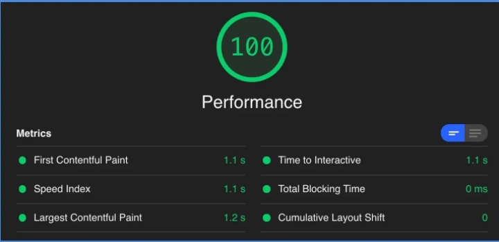 Core Web Vitals 100% Score from Perfmatters plugin